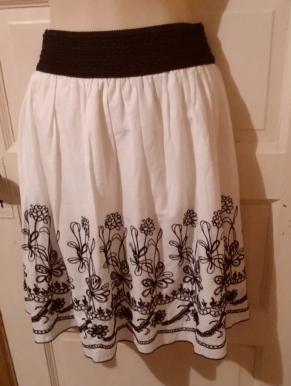 White Black Embroidered Cotton Lined Aline Skirt Cottagecore Fairy Goth